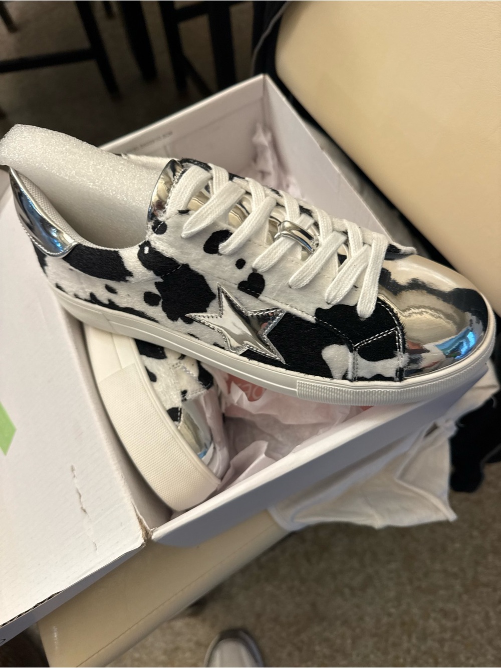 Cow Print Metallic Accent Women's Sneakers - White Black